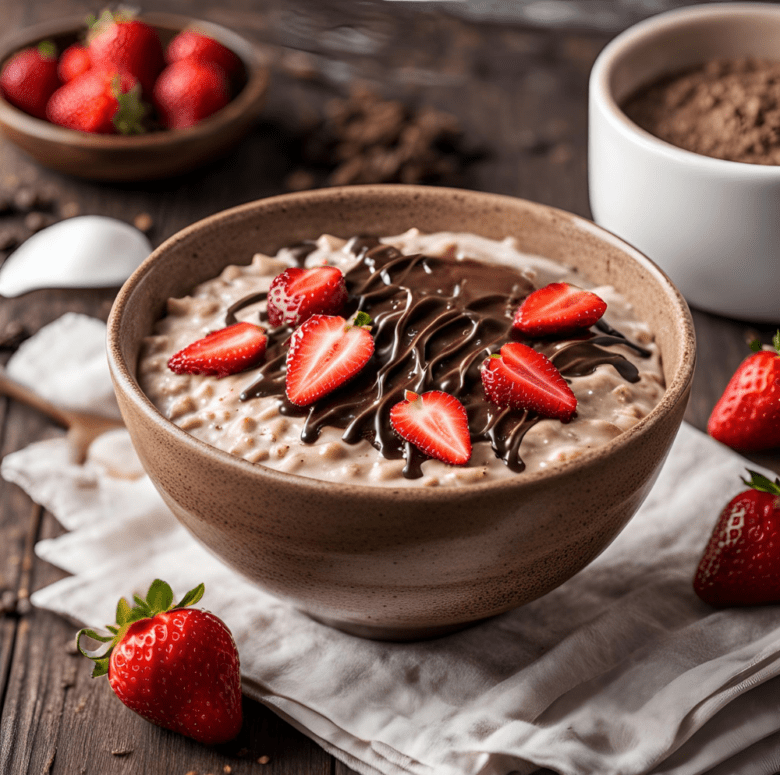 Creamy oatmeal topped with chocolate drizzle and sliced strawberries in a rustic bowl on a wooden table.