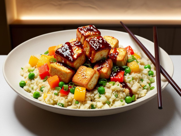 A vibrant bowl of cauliflower fried rice with crispy teriyaki tofu, garnished with sesame seeds and served with chopsticks.