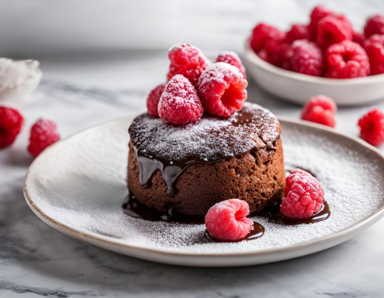 A decadent chocolate lava cake with fresh raspberries and powdered sugar on a white plate.