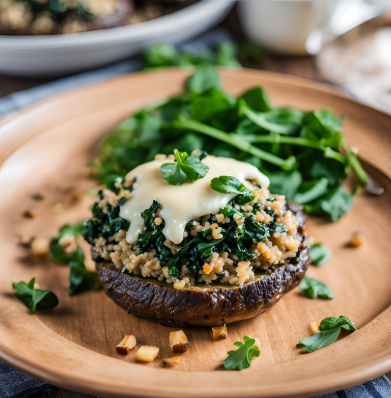 A stuffed Portobello mushroom with quinoa and spinach, topped with melted cheese and garnished with fresh herbs, served on a wooden plate with a side of greens.