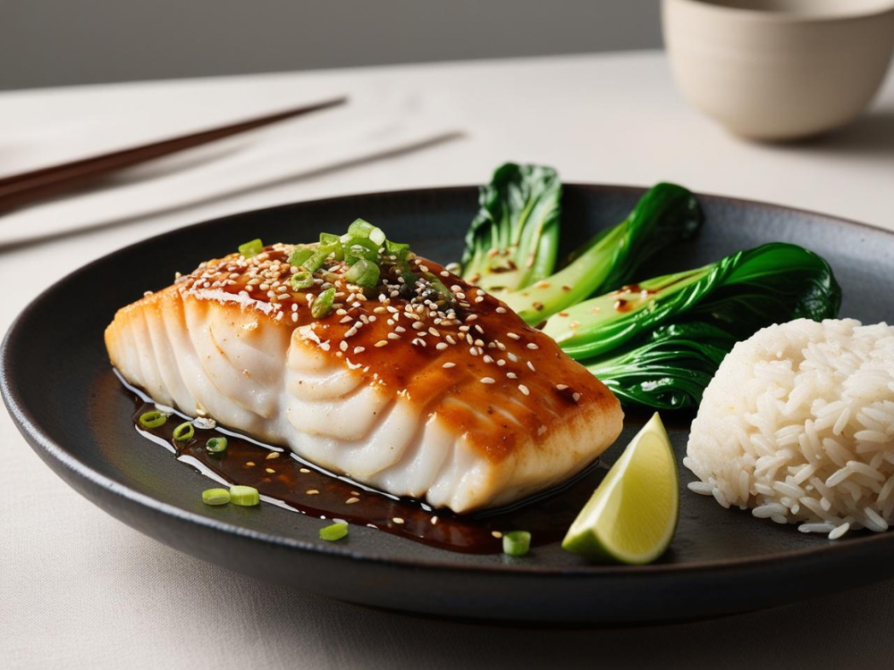 A beautifully plated miso-glazed cod fillet with a golden-brown caramelized glaze, sprinkled with sesame seeds and chopped green onions, served with bright green steamed bok choy, jasmine rice, and a fresh lime wedge on a sleek black plate.