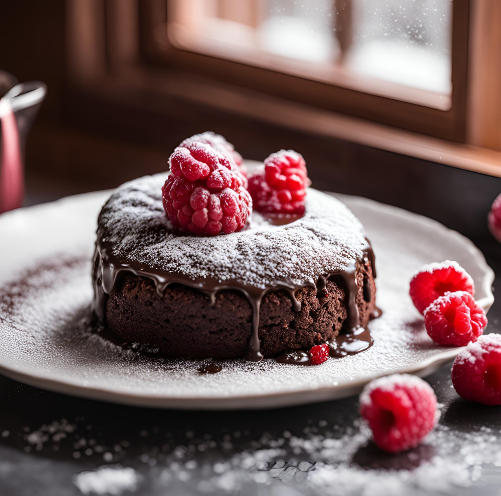 A chocolate lava cake with warm chocolate flowing down the sides, served with raspberries.