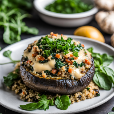A Portobello mushroom stuffed with quinoa, spinach, and diced vegetables, topped with creamy melted cheese and fresh parsley.