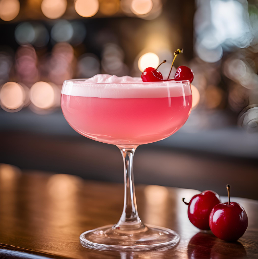 A beautifully mixed Pink Lady cocktail with a vibrant pink hue, sitting on a wooden bar with a cherry garnish.