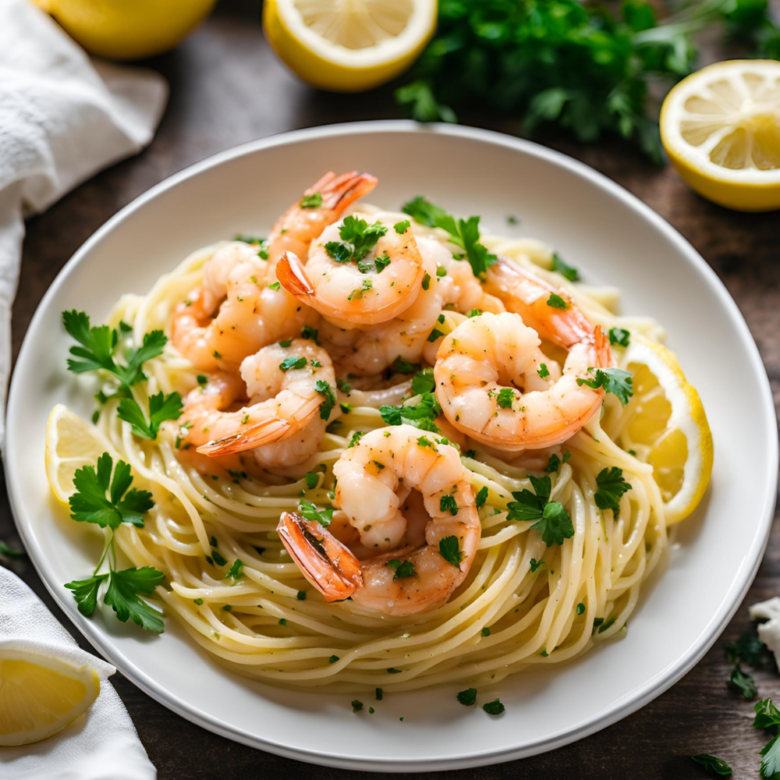 A comforting shrimp scampi meal, served hot with extra Parmesan cheese and fresh herbs.