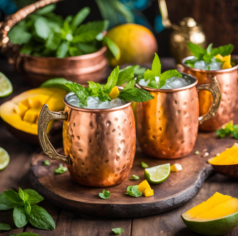 Tropical Mango Mules served in hammered copper mugs with fresh mint garnish