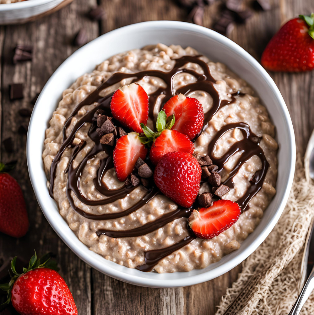 Bowl of creamy oatmeal drizzled generously with chocolate, topped with sliced strawberries on a rustic wooden table.