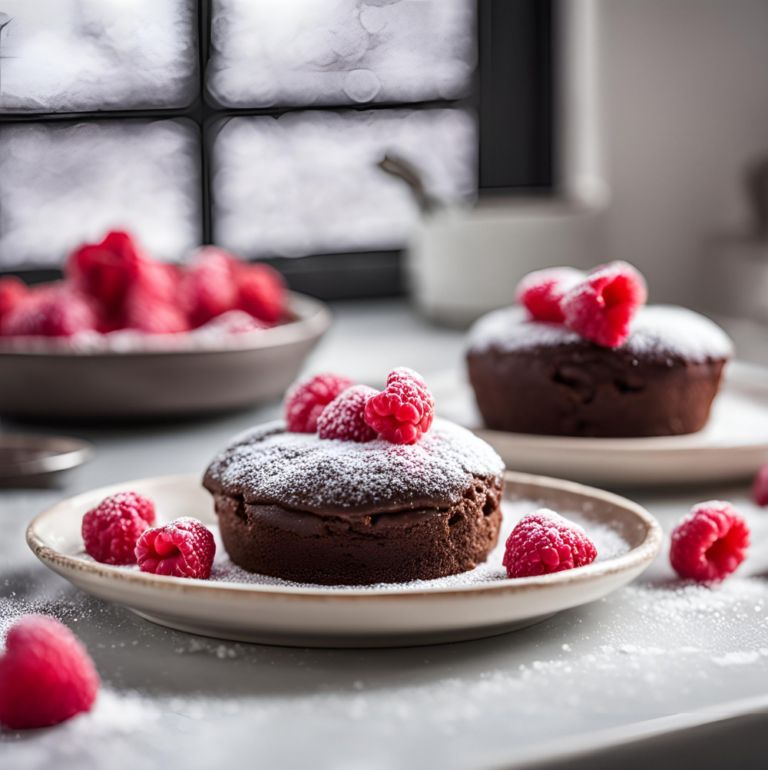 Two chocolate lava cakes dusted with powdered sugar and garnished with raspberries, set against a snowy window.