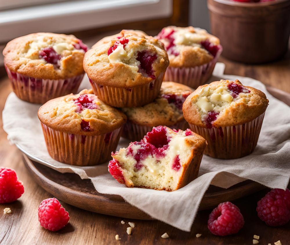 A plate of golden raspberry white chocolate muffins, one with a bite taken out, revealing the fluffy interior with juicy raspberries and creamy white chocolate.