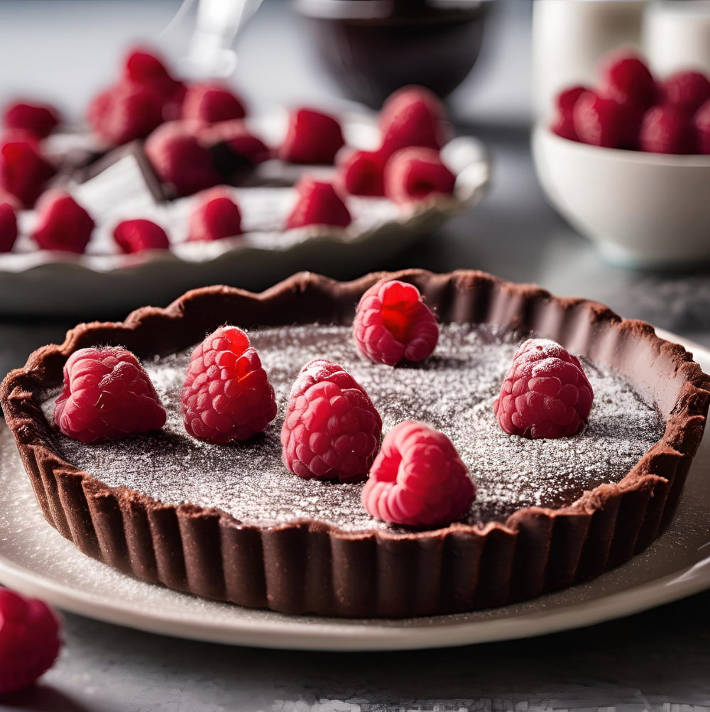 A beautifully dusted chocolate raspberry tart with a cocoa crust, topped with fresh raspberries and powdered sugar.