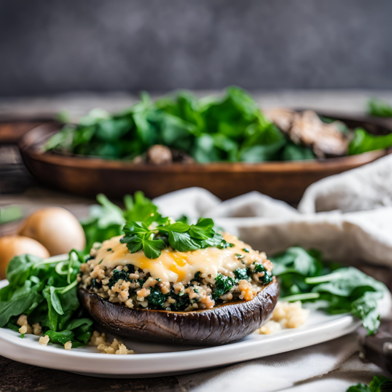 A golden-baked stuffed Portobello mushroom with quinoa, spinach, and melted cheese, garnished with fresh parsley.