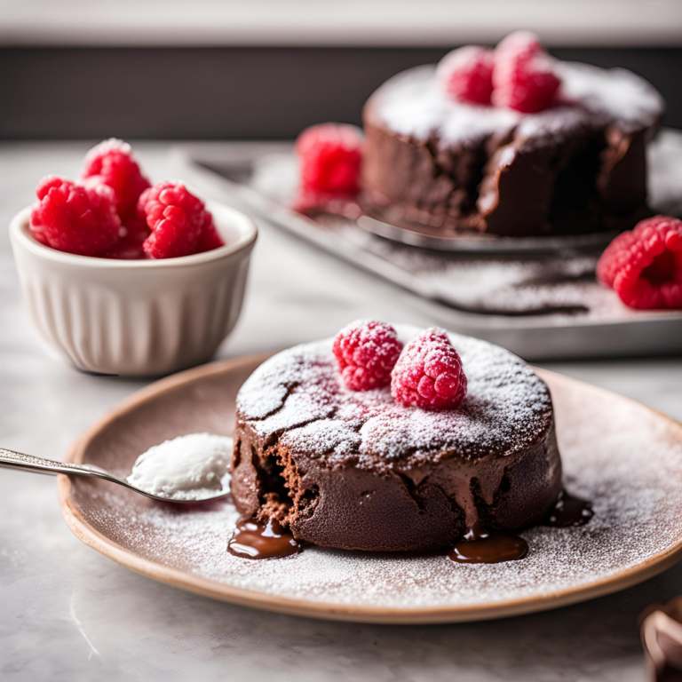 A chocolate lava cake with a molten center, dusted with powdered sugar and topped with raspberries, with another cake in the background.