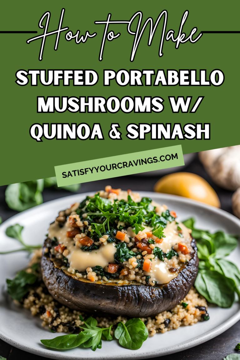 A stuffed Portobello mushroom with quinoa and spinach, topped with melted cheese and garnished with fresh herbs, served on a wooden plate with a side of greens.