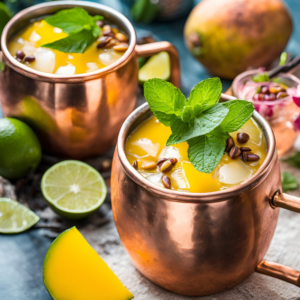 Two vibrant Mango Mules served in copper mugs with fresh mint leaves, passion fruit seeds, and mango slices.