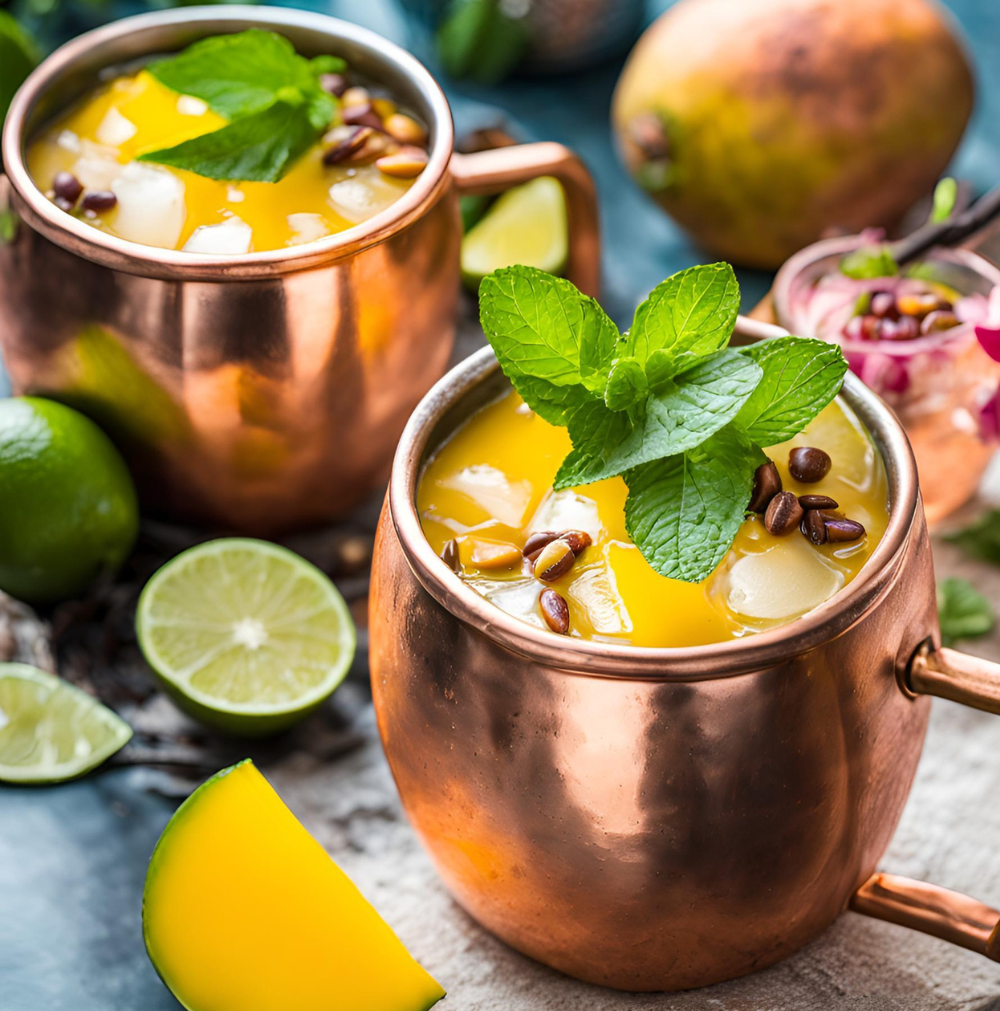 Two vibrant Mango Mules served in copper mugs with fresh mint leaves, passion fruit seeds, and mango slices.
