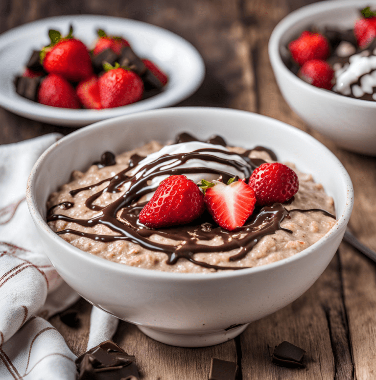 Bowl of oatmeal with creamy yogurt, strawberries, and chocolate drizzle, set on a rustic table alongside additional toppings.