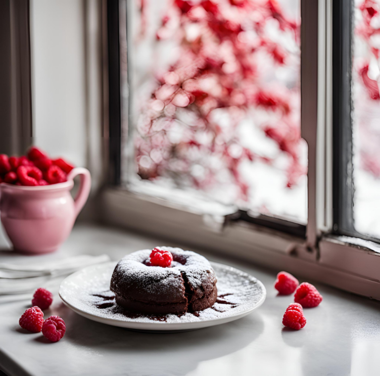 A chocolate lava cake with powdered sugar and raspberries, placed on a white plate near a window with red foliage.