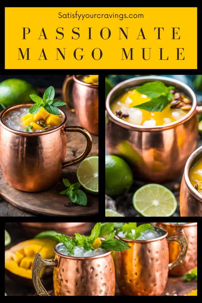 Passionate Mango Mule cocktail collage featuring copper mugs, tropical garnishes, and vibrant ingredients.