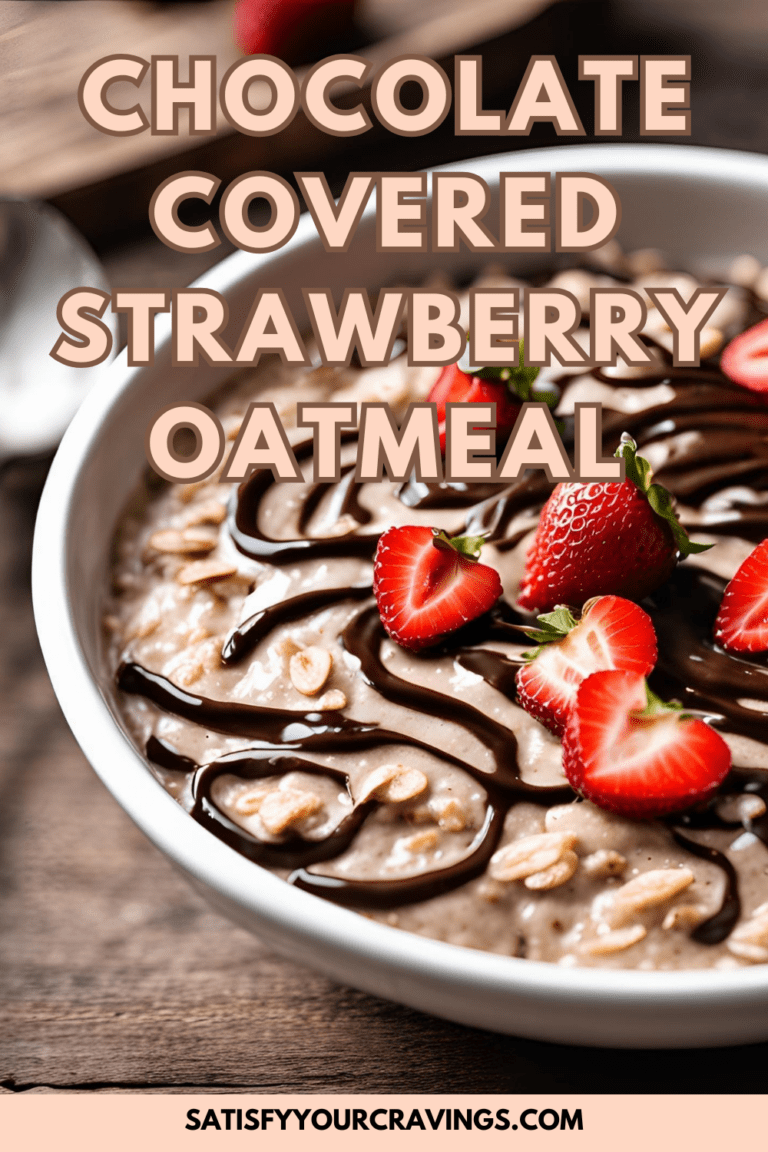 Pinterest-style graphic showing creamy oatmeal topped with strawberries and chocolate drizzle, with bold text reading "Chocolate Covered Strawberry Oatmeal"