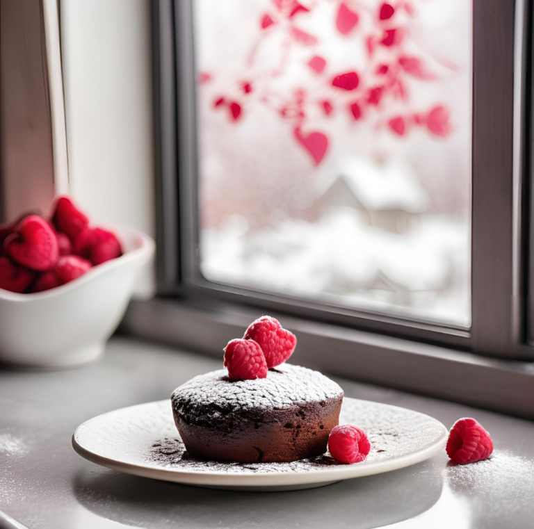 A chocolate lava cake topped with raspberries, sitting near a window with heart-shaped red decorations.