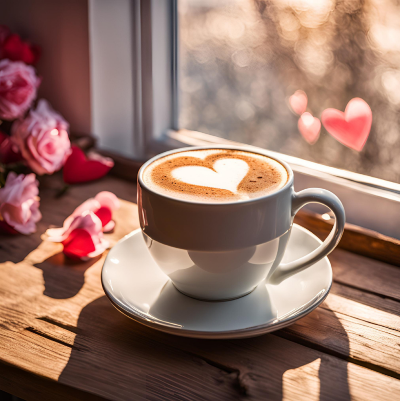 A Vanilla Almond Chai Latte served with cinnamon sticks and a sprinkle of chai spices, next to a heart decoration and fresh pink roses.