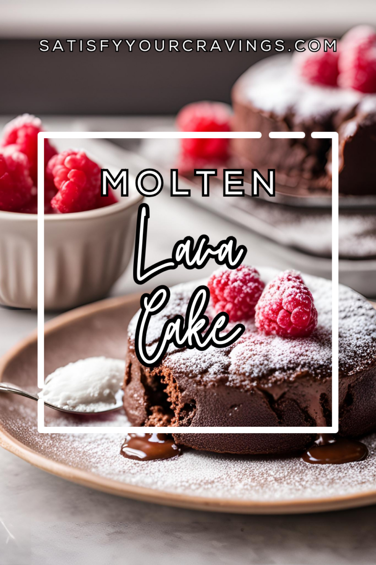 A promotional image for molten lava cake with raspberries, featuring the text “Molten Lava Cake” and the website satisfyyourcravings.com.