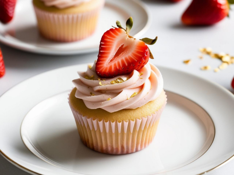 A beautifully frosted Strawberry Champagne Cupcake on a white plate with scattered gold flakes and fresh strawberries around it.