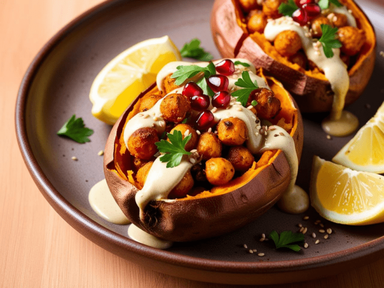 Close-up view of stuffed sweet potatoes with crispy chickpeas, tahini drizzle, and pomegranate seeds.