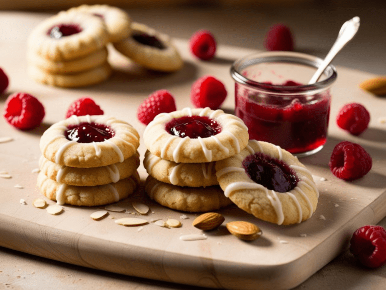 Raspberry almond thumbprint cookies stacked on a wooden board, with a jar of raspberry jam in the background, surrounded by fresh raspberries and almonds.