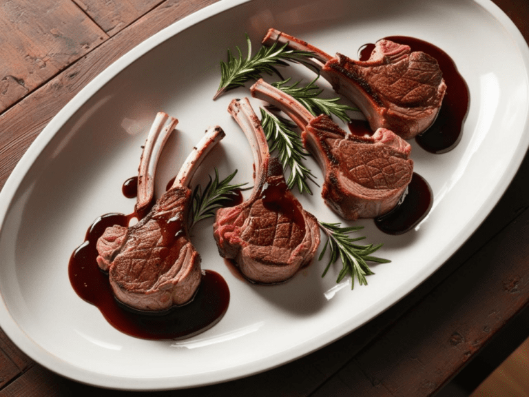 Beautifully plated lamb chops arranged neatly with rosemary sprigs and a glossy red wine sauce on an oval platter.