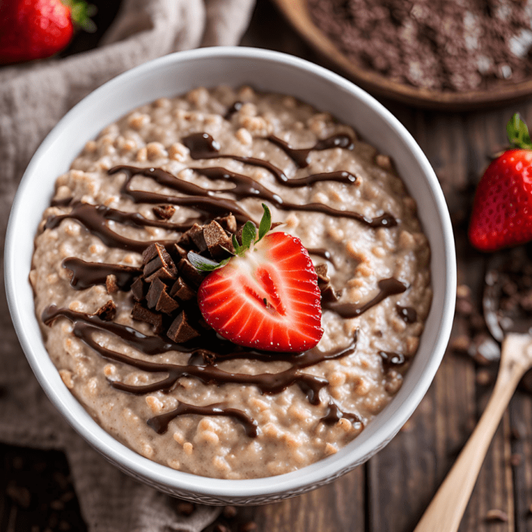 Top-down view of oatmeal topped with chocolate drizzle, chocolate chunks, and a fresh strawberry half.