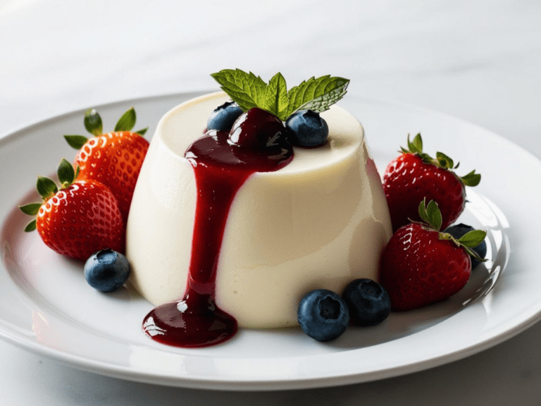 A panna cotta dessert topped with berry sauce and fresh strawberries, blueberries, and mint leaves.