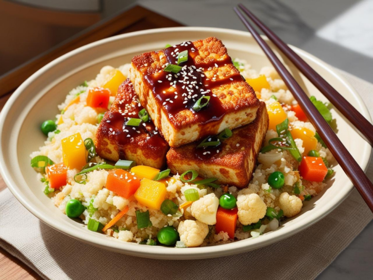 A close-up of crispy teriyaki tofu atop a bed of cauliflower fried rice with colorful diced vegetables.
