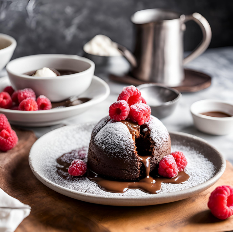 A molten chocolate lava cake oozing rich chocolate, served with raspberries and a dusting of powdered sugar.