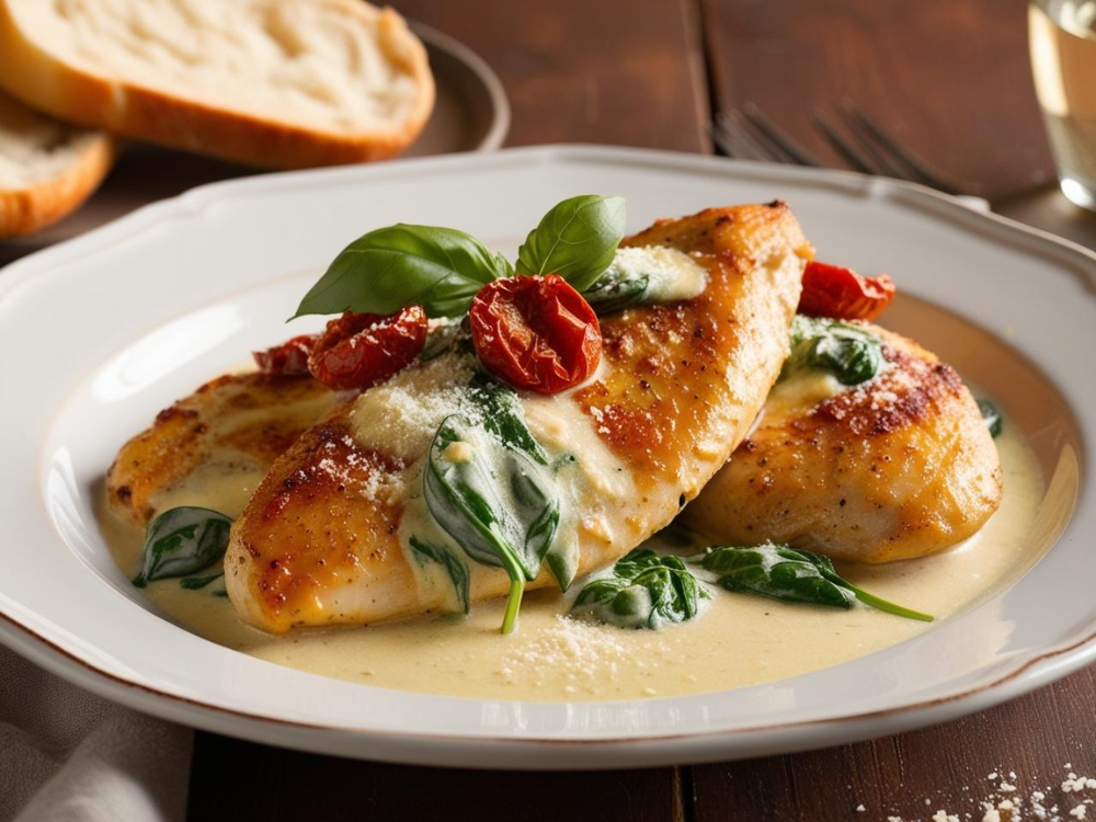A beautifully plated Creamy Tuscan Chicken dish with a creamy garlic sauce, fresh spinach, and sun-dried tomatoes, served on a white plate.