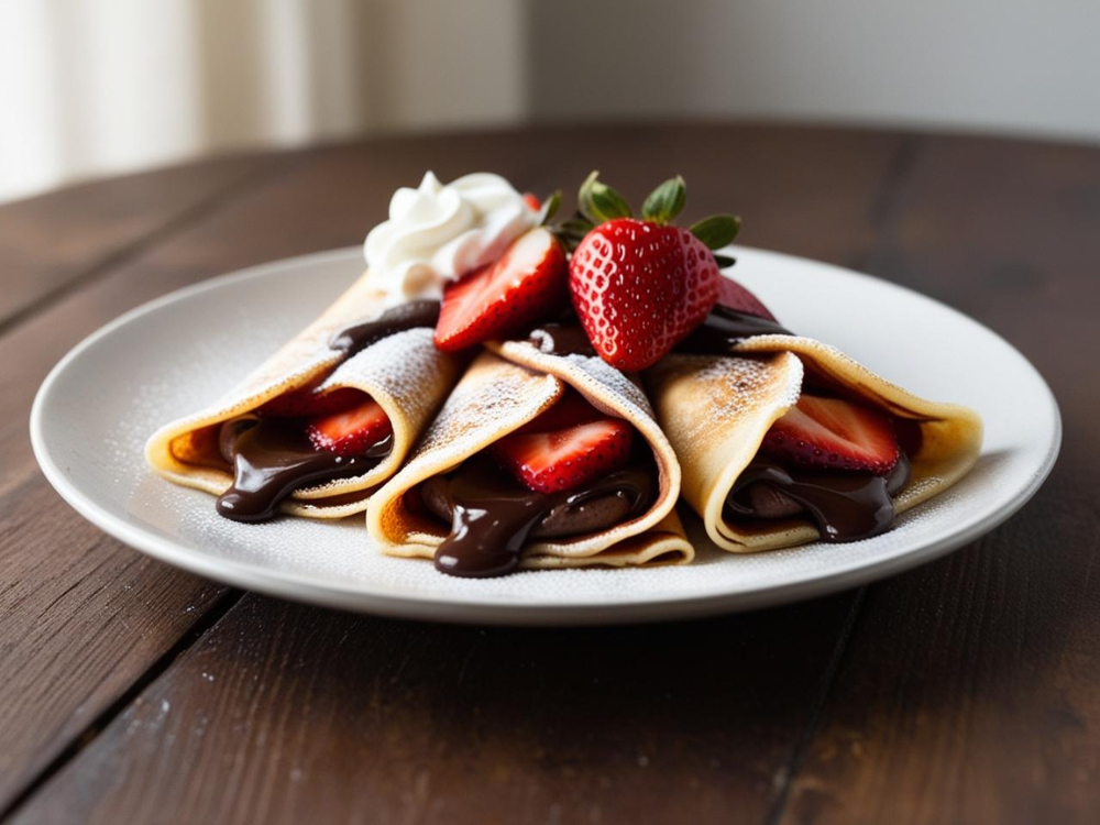 Three folded crepes filled with creamy Nutella and fresh strawberries, drizzled with melted chocolate and topped with whipped cream.