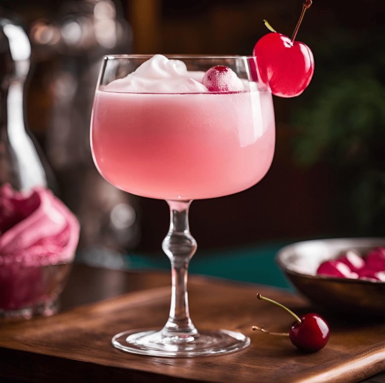 A Pink Lady cocktail on a wooden table with a cherry garnish, accompanied by a cocktail shaker and fresh fruit.
