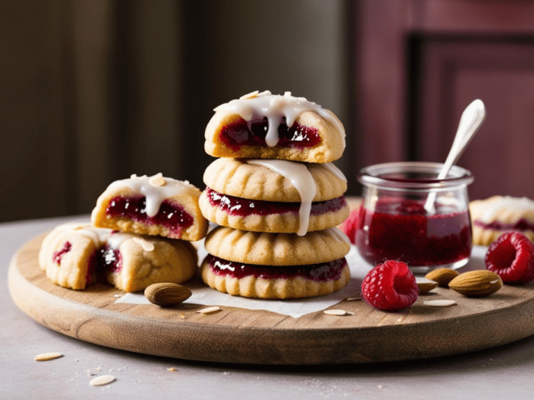 A stack of raspberry almond thumbprint cookies with one cookie cut in half, revealing a gooey jam-filled center, with a jar of raspberry jam and fresh raspberries in the background.