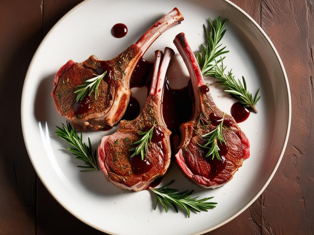 Three lamb chops garnished with rosemary sprigs, artfully drizzled with vibrant red wine sauce on a round white plate.
