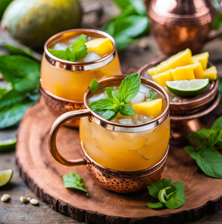 Tropical Mango Mule drink with mango slices and mint garnish in copper mugs