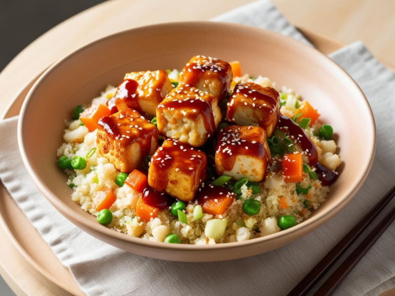 A bowl of cauliflower fried rice topped with golden-brown teriyaki tofu, garnished with fresh green onions and sesame seeds.