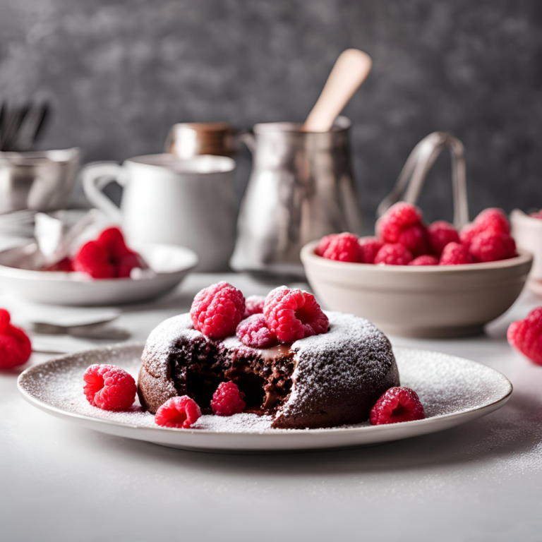 A chocolate lava cake with a broken side revealing its gooey chocolate filling, topped with raspberries.