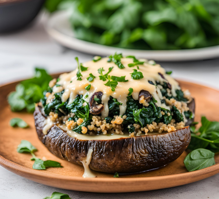 A cheesy stuffed Portobello mushroom with quinoa, spinach, and olives, garnished with parsley, served on a rustic wooden plate.