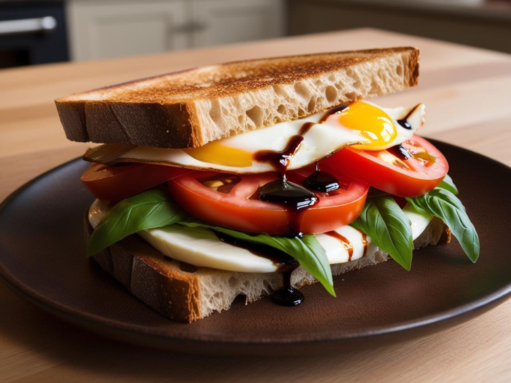 A beautifully plated Caprese Breakfast Sandwich with fresh basil leaves and balsamic drizzle, served on rustic toasted bread.