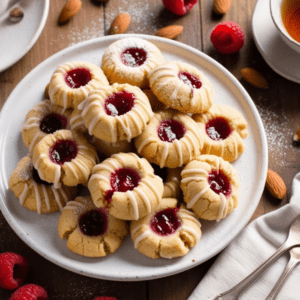 A top-down view of a plate filled with raspberry almond thumbprint cookies, with tea and a fork placed nearby for a cozy and inviting setting.