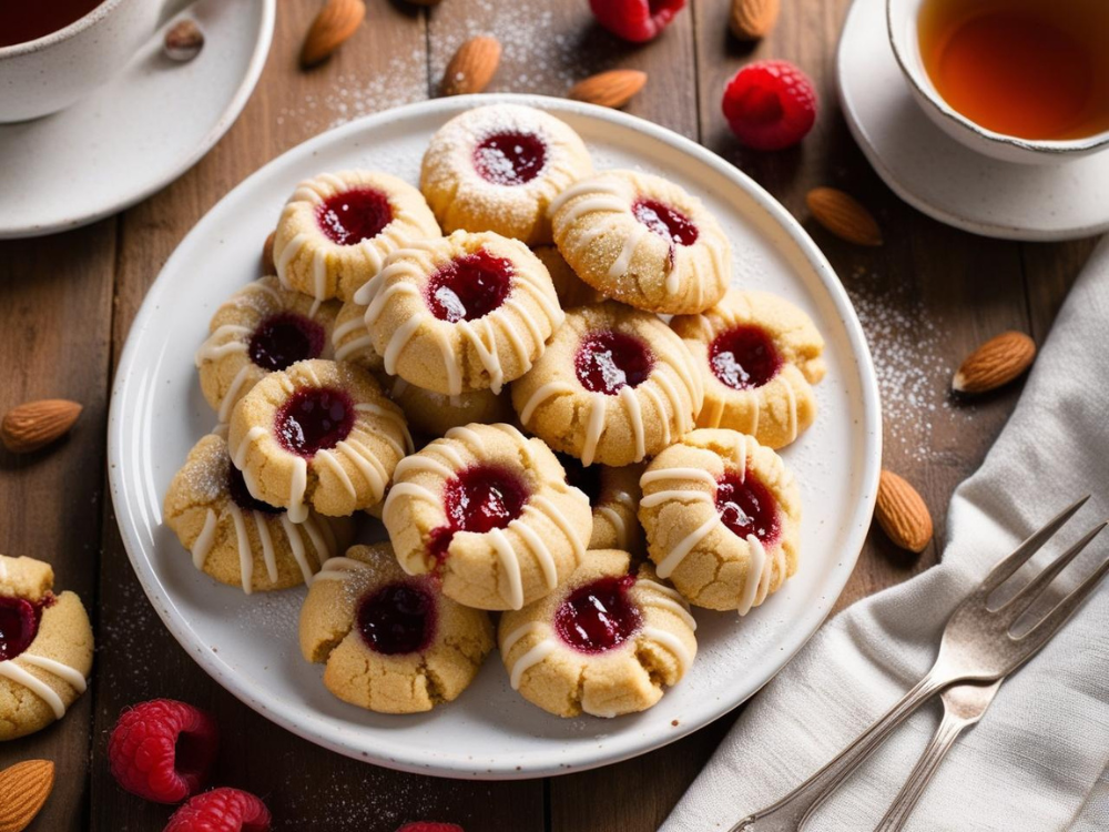 A top-down view of a plate filled with raspberry almond thumbprint cookies, with tea and a fork placed nearby for a cozy and inviting setting.