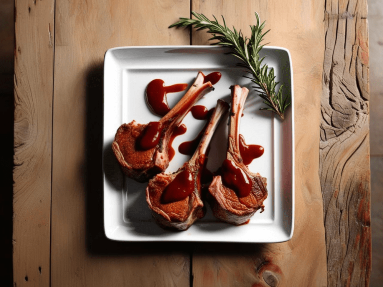 Three juicy lamb chops drizzled with red wine sauce arranged on a square white plate with fresh rosemary garnish.