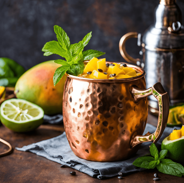 Passionate Mango Mule served in hammered copper mug with mango and lime garnish