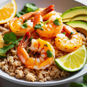 Citrus shrimp over brown rice garnished with fresh avocado slices and citrus wedges.