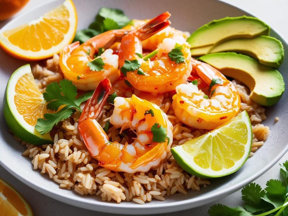 Citrus shrimp over brown rice garnished with fresh avocado slices and citrus wedges.